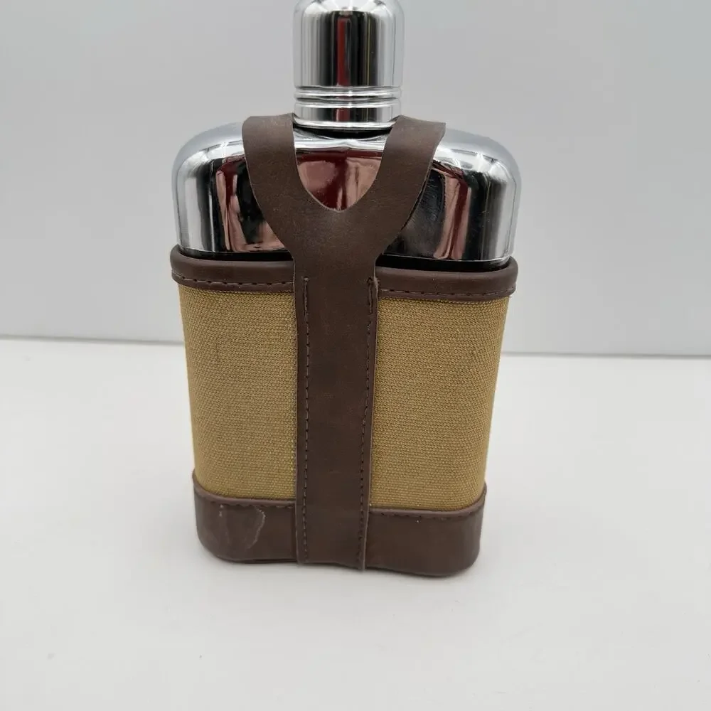 Vintage SWANK Glass Flask‎ Canvas Faux Leather Case Shot Glass Lid EUC